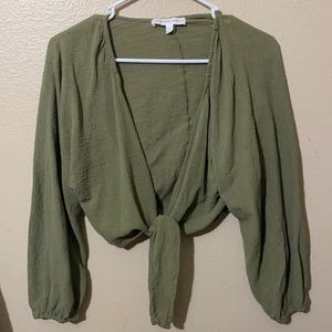 💚Self Tie Open Front Bishop Sleeve Blouse🍃🌿